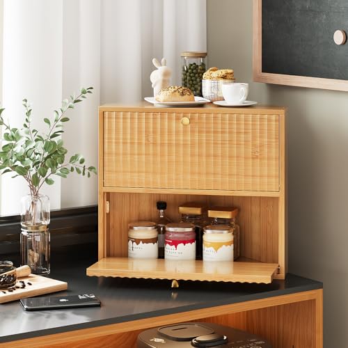 Corner Bread Box for Kitchen Countertop Bamboo Two Layer Large Capacity Bread Storage Bin Vintage Storage for Homemade Bread (Natural Bamboo)
