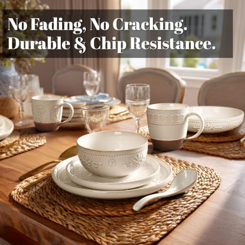 4 Piece Handcrafted Ceramic Dinnerware Set with Pasta Bowls (Damask Floral (4 Pieces) (White))