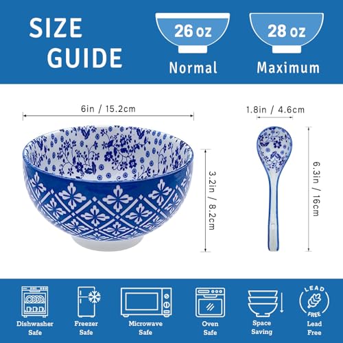 28Oz Ceramic Soup Ramen Bowl Set of 6 with Spoon Gift Box (6in-Floral & Rhombic-6)