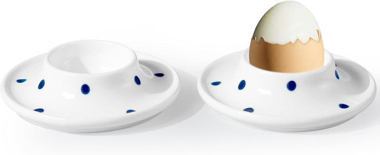 Cinf Ceramic White Egg Holder Set of 2 Porcelain Holder Breakfast Boiled Cooking Easy to Clean Childhood Memories Kitchen(Blue Dot)