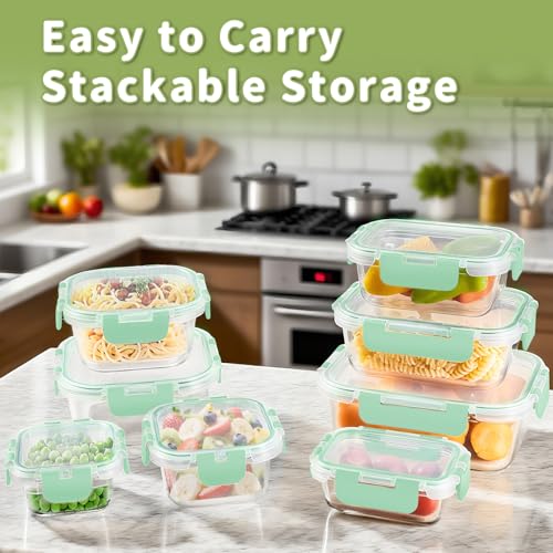 8 Pack Glass Food Storage Containers with Snap Locking Lids for Meal Prep (Light Blue / 8 Pack)
