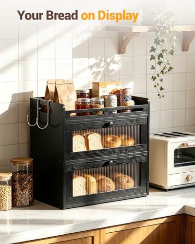 Bread Box for Kitchen Countertop (Black / 2-Tier)