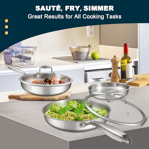 Tri Ply Stainless Steel Frying Pans Set with Lid
