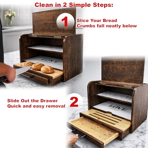 Premium FULLY ASSEMBLED Rustic Bread Box (Brown)