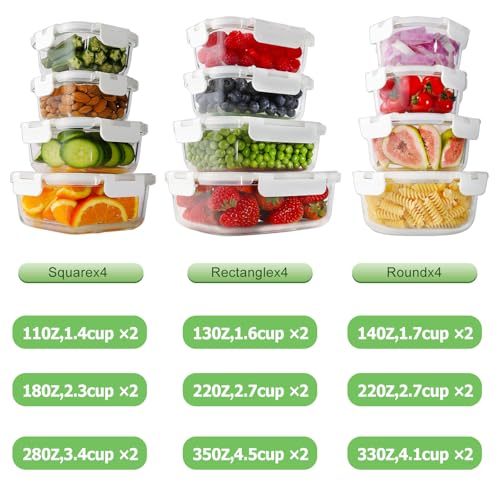 24pc Glass Food Storage Containers with Lids (White / 12 Pack)