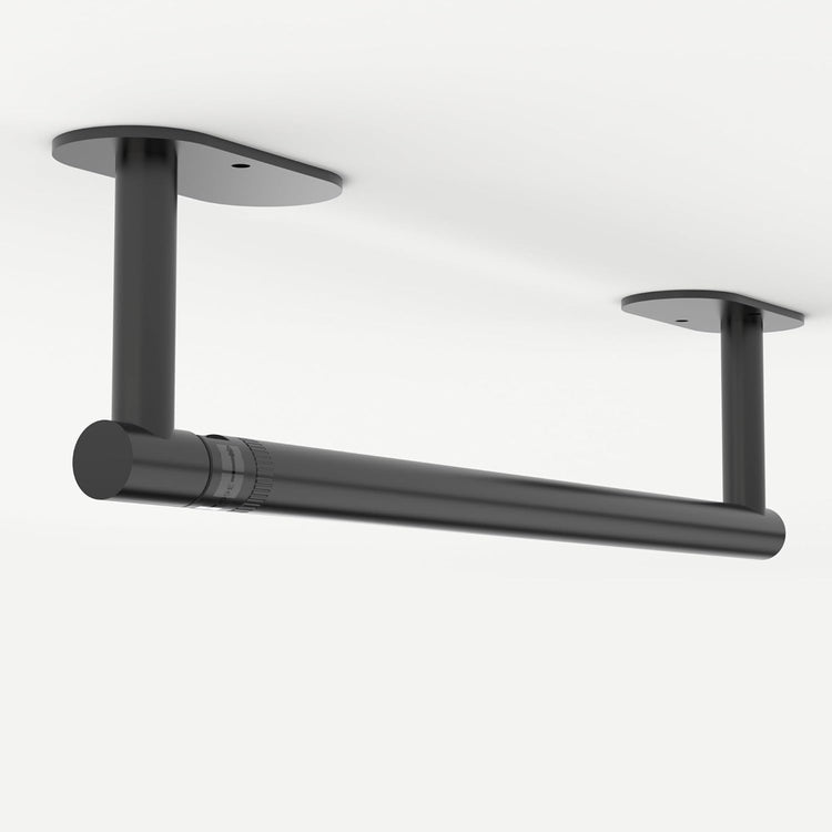 Ruacq Matte Black Paper Towel Holder Double Post Pivoting Round Base Under Cabinet Paper Towel Holder for Kitchen Self-Adhesive or Drill mounting