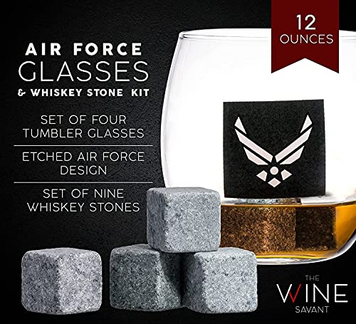 Airforce Whiskey Decanter Set with 4 Liquor Glasses Air Force Whisky Decanter & Glass Set with Wood Base & 9 Whiskey Stones