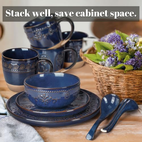 16 Piece Handcrafted Ceramic Dinnerware Set (Damask Floral (16 Pieces) (Blue))