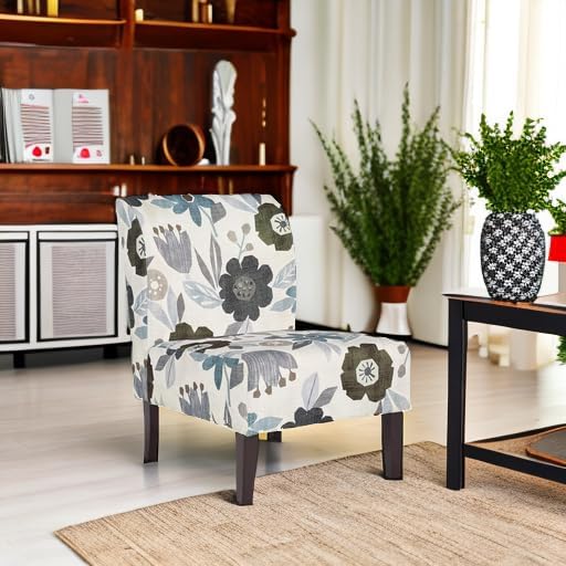 Signature Design by Ashley Triptis Floral Armless Accent Chair with Attached Cushions, Fabric Upholstery, Wood Legs, 16.63" Seat Height, White, Blue & Gray