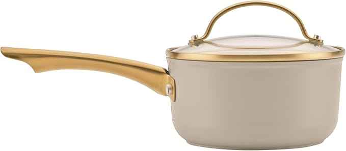 Farberware Forged Induction Ceramic Nonstick Pots and Pans Set with Cooking Tools, Dishwasher Safe, Gold Color Stainless Steel Handles, 12 Piece Cookware Set - Taupe