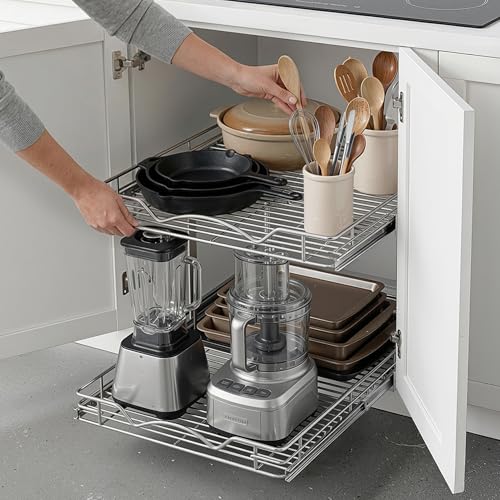 2-Tier Pull-Out Cabinet Organizer for Kitchen, 14" W x 21”D x 16.5" H (14 Inch / Two Tier)