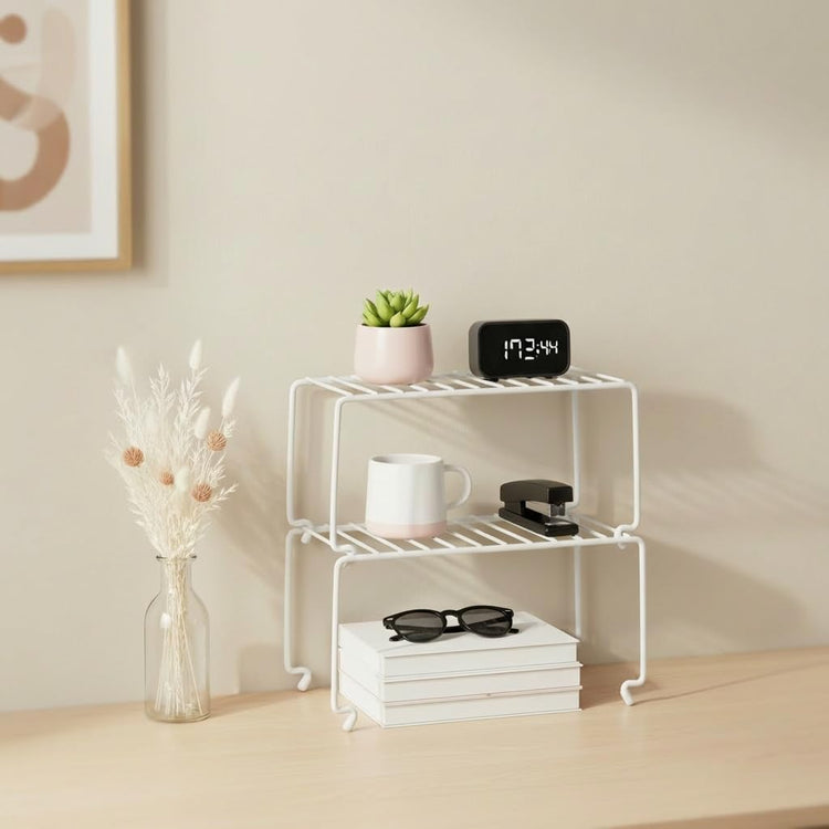 2-Pack Small (10.8x5.3inch) White Stackable Shelf Organizer Rack, Kitchen Shelves Organization for Cabinet, Pantry Organizers and Storage, Wire Shelf Rack, Desk Organizer, Rustproof (2 Count)