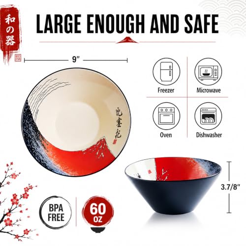 Japanese Ramen Bowl Set with Red Fuji Design (Red Fuji / 9 inch)