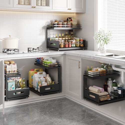 Under Sink Organizer Upgrade To Professional Rails (Black / 2 Pack-14.5"Dx12.8"-16.9"H)