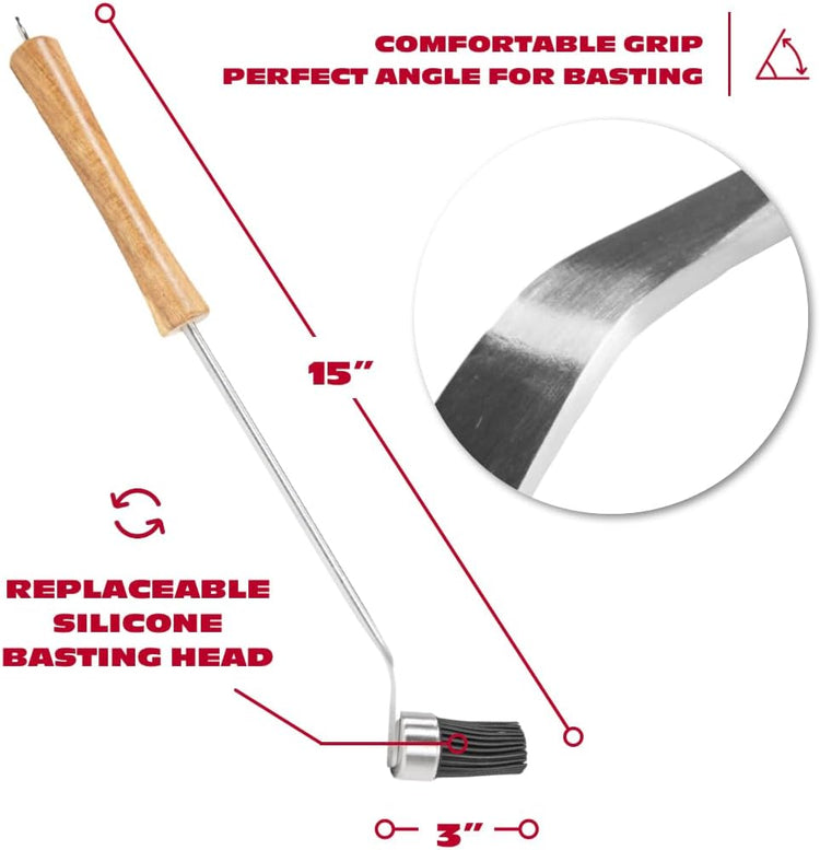 BBQ-AID Basting Brush - For Marinating, Glazing, Seasoning - Bbq Silicone Brush Cooking, Baster for Cooking Brush - Premium Wood Handle, Stainless Steel Core and Silicone Bristles for Easy Cleaning