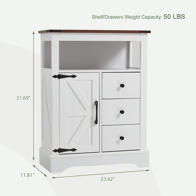 JOMEED Bathroom Floor Cabinet, Farmhouse Storage Cabinet with 3 Drawers & Adjustable Shelves, Free-Standing Cupboard for Kitchen, Living Room, Bathroom, White