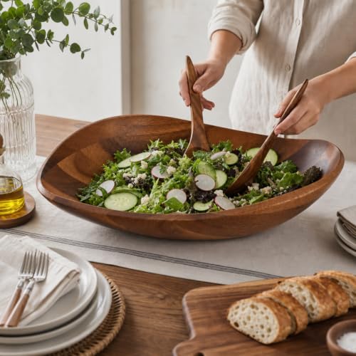 Wave Pattern Large Acacia Wood Salad Bowl (4" Tall x 12" Wide x 19" Long)
