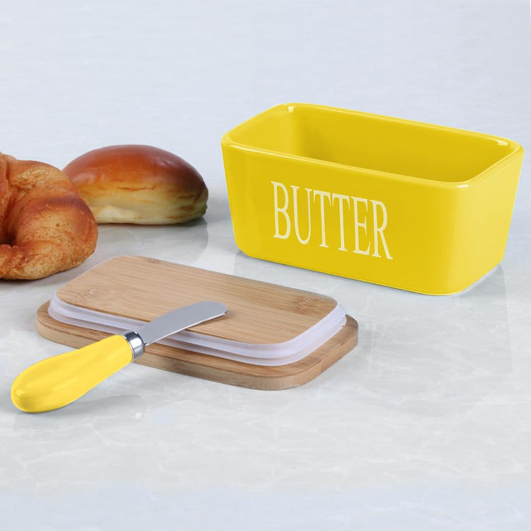 Ceramic Butter Dish with Bamboo Lid and Stainless Steel Knife Spreader