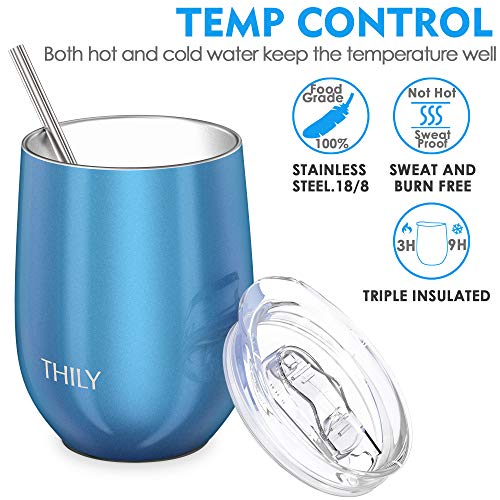 Stainless Steel Stemless Wine Glasses 4 Pack Triple Vacuum Insulated Cute Wine Tumbler Set Travel Cups with Lid (4 Pack - Sparkle Blue / 4 Count (Pack of 1))