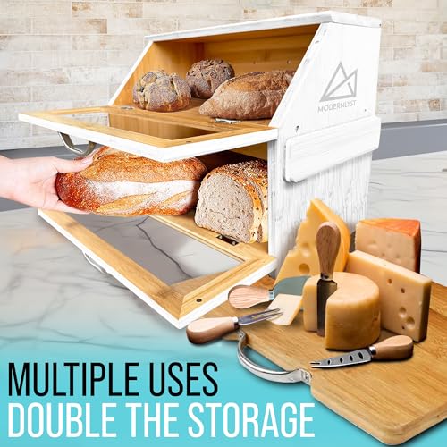 Bread Box with Cutting Board & Knife Set (White Bamboo)