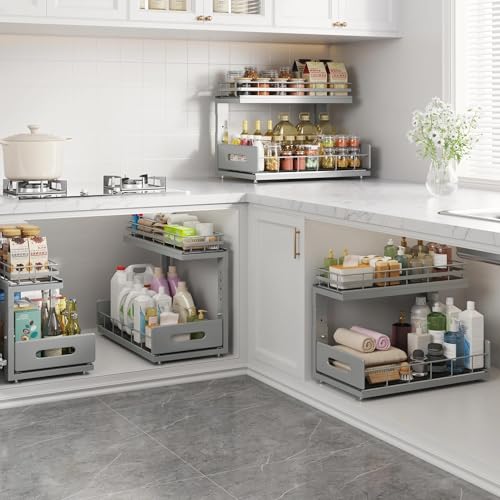 Under Sink Organizer Upgrade To Professional Rails (Gun Gray / 2 Pack-16.7"Dx12.8"-16.9"H)