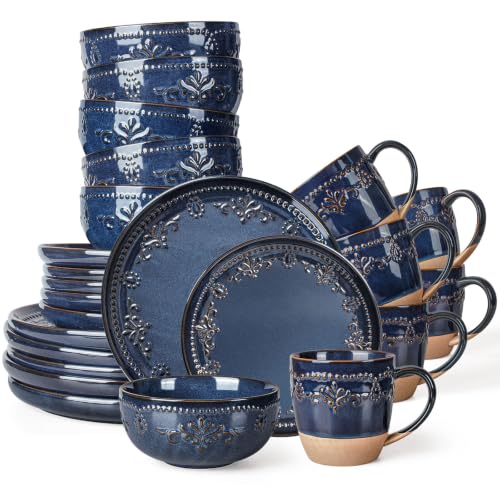 24 Piece Handcrafted Ceramic Dinnerware Set with Mugs (Damask Floral (24 Pieces) (Blue))