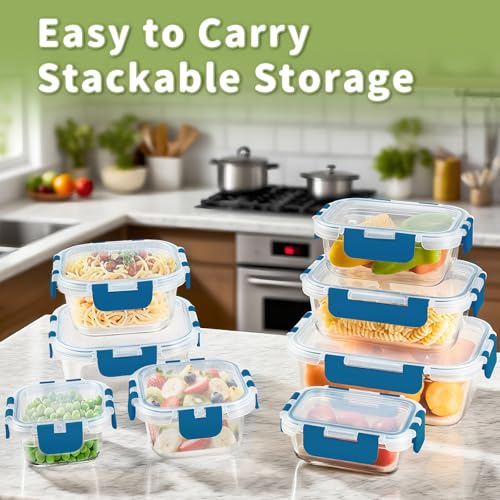 8 Pack Glass Food Storage Containers with Snap Locking Lids for Meal Prep (Deep Blue / 8 Pack)