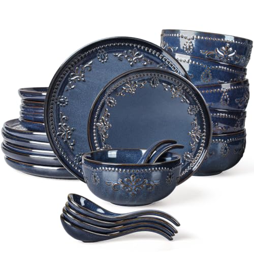 24 Piece Handcrafted Ceramic Dinnerware Set (Damask Floral (24 Pieces) (Blue))