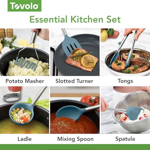 Silicone Cooking Utensil Set of 6 Blue Slate Ladle Slotted Turner Tongs Flex Core Spatula Scraper Mixing Spoon and Potato Masher (Blue Slate)