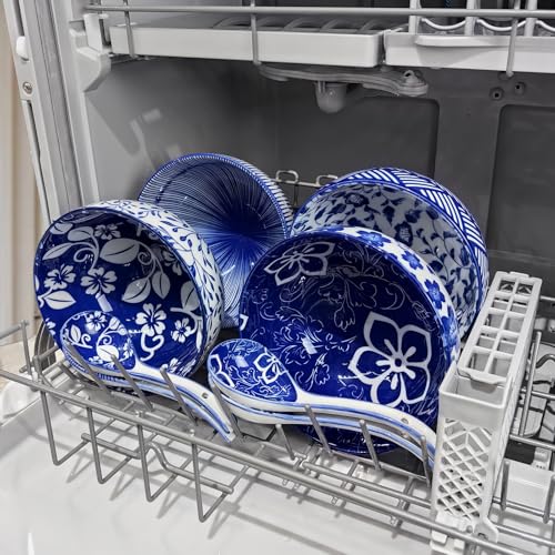 28Oz Ceramic Soup Ramen Bowl Set of 6 with Spoon Gift Box (6in-Dense-lined-6)