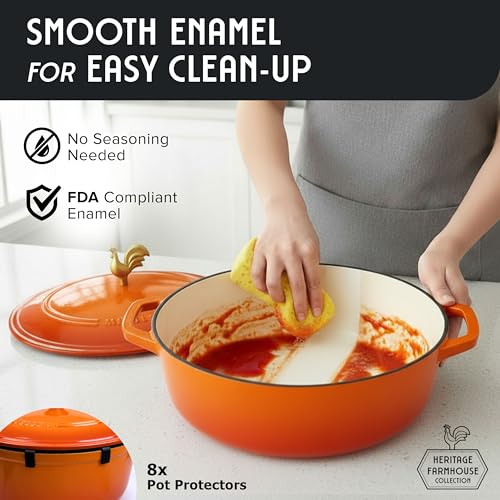 5.5 Quart Enameled Cast Iron Oval Dutch Oven w Rooster Knob & Cotton Potholders