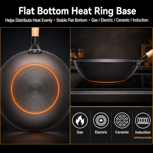 12.6 Inch Carbon Steel Wok Pan with Glass Lid and Spatula (12.59 Inch Flat Bottom)