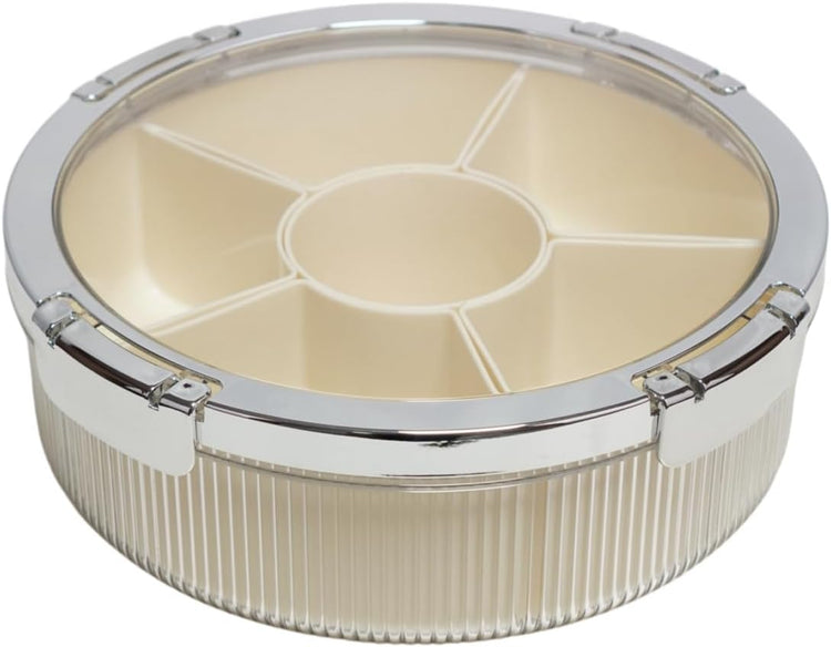 Snackle Box Container, Round Divided Serving Tray with lid 6parts for Veggie, Candy and Nuts Organizer for Travel, Party and Picnic (Cream/Silver)