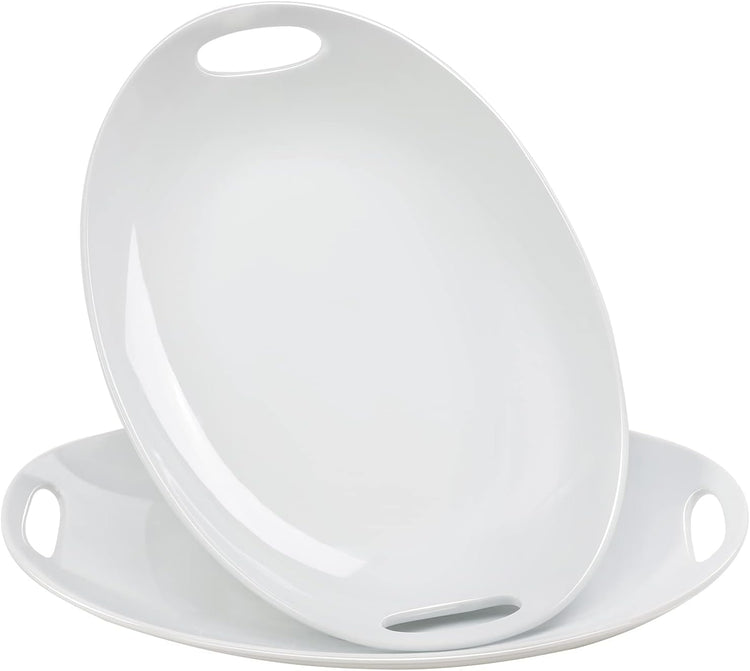 Porcelain Serving Platter with Handles, 14" serving dishes for entertaining, Oval Serving tray for Salad, Stew, Fruits and Pasta, Set of 2, White