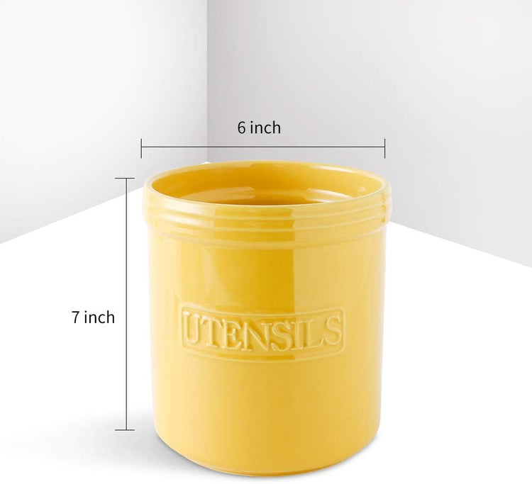 KOOV Cooking Utensil Holder, Large Ceramic Utensil Crock, Deep and Stable, Utensil Caddy for Countertop Letter Series (Yellow)