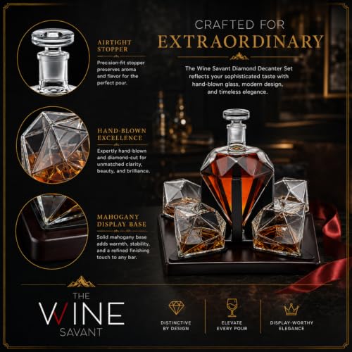 Luxury Diamond Whiskey Decanter Set with 4 Matching Glasses & Mahogany Wood Base