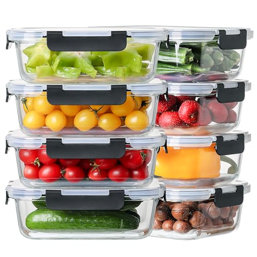 8 Pack 36oz Large Glass Meal Prep Containers with Leak Proof Snap (Black / 8 Pack 36oz)