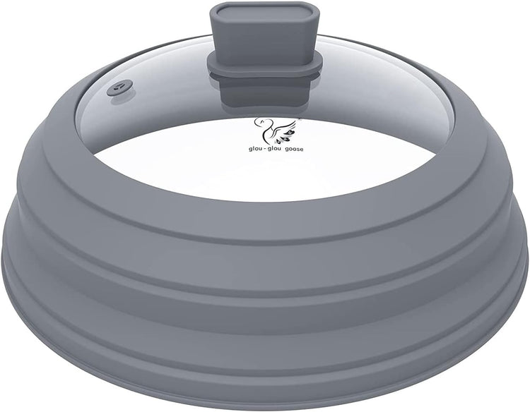 Microwave Splatter Cover Glass Splatter Guard Lid with Collapsible Silicone for Food Pot Plate Cover 11.8 inch Light Grey