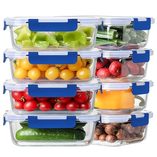8 Pack 36oz Large Glass Meal Prep Containers with Leak Proof Snap (Deep Blue / 8 Pack 36oz)
