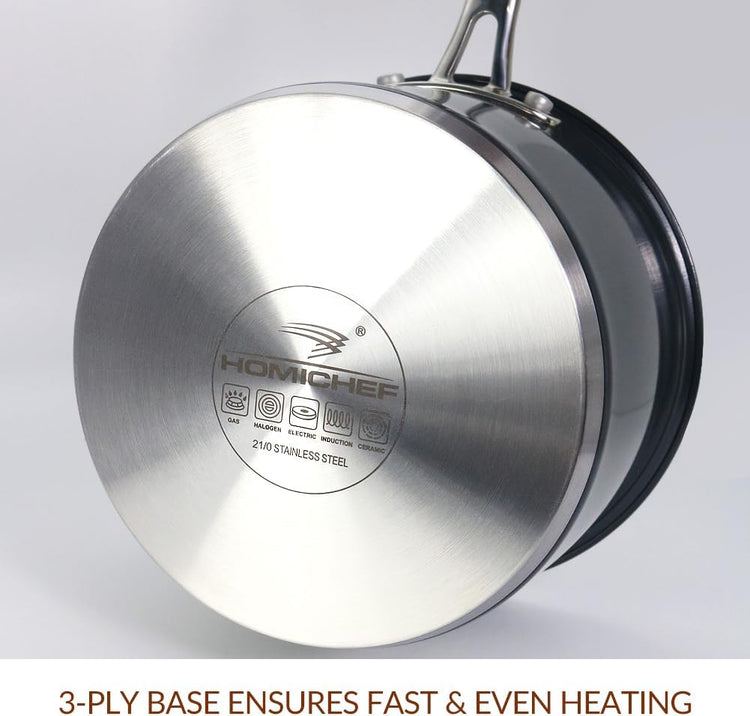 HOMICHEF Matte Polished NICKEL FREE Stainless Steel 2.5 QT Sauce Pan with Glass Lid (No Toxic Non Stick Coating) - Navy Gray Non Toxic Stainless Steel Induction Saucepan with Lid