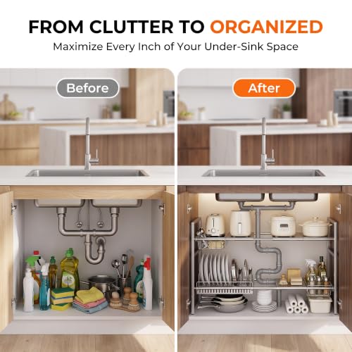 Li&Zhao Stainless Steel Under Sink Organizer (Two-tier with 4 shelves and 2 baskets)