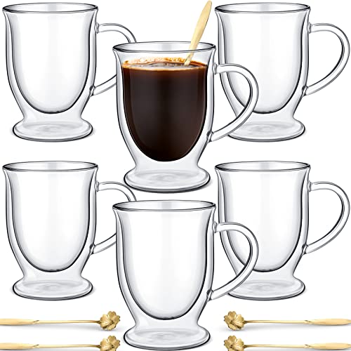 6 Sets Double Wall Glass Coffee Mugs with Spoon Insulated Clear Coffee Mug with Handle Borosilicate Glass Coffee Cups Latte Cup for Cappuccino (16 OZ)
