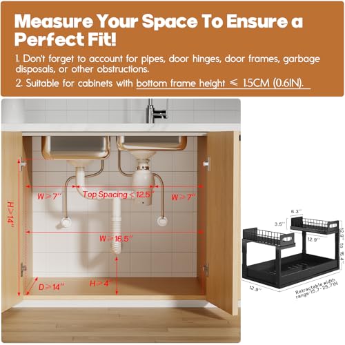 1 Pack-16"-26"W Expandable Under Sink Organizer With Upgrade Ball-Bearing Slide,2-Tier Pull Out Under Cabinet Organizer Height Adjustable,Not Suitable For Cabinets With Partitions In The Middle (1 Pack-16"-26"W / Black)