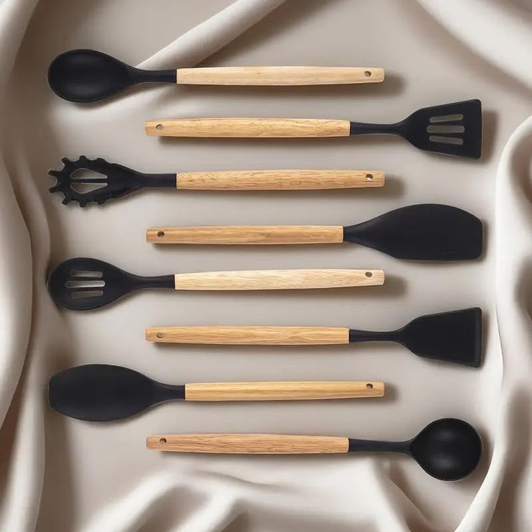 Kitchen Utensil Set with Holder, 19-Piece Silicone Cooking Tools, Wooden Handles, Available in White, Grey, Pink,Black (Black)