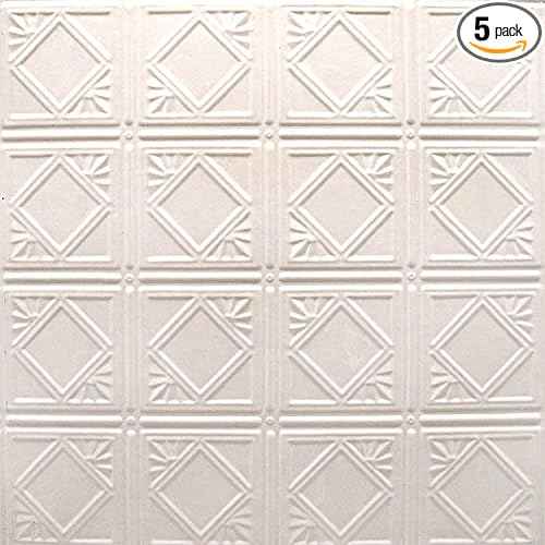 American Tin Ceilings [5 Pack 100% Metal Tin Tiles with Backsplash Kit - Pattern #19 Repeating Diamonds - Creamy White Satin 24" x 24" | Perfect for Kitchens and More! Made in The USA | kit5-b-p19-wcs