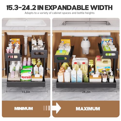 1 Pack Expandable Under Sink Organizers And Storage With Upgrade Ball (1 Pack-15.3"-24.2"W / Black)
