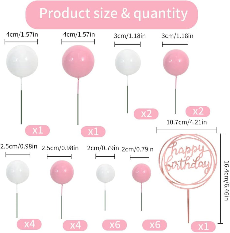 BEISHIDA 27 PCS Pink and White Ball Cake Topper Mini Balloons Cake Toppers Foam Ball Cupcake Toppers Happy Birthday Cake Insert Pick DIY for Anniversary Wedding Cake Decorations Baby Shower Party