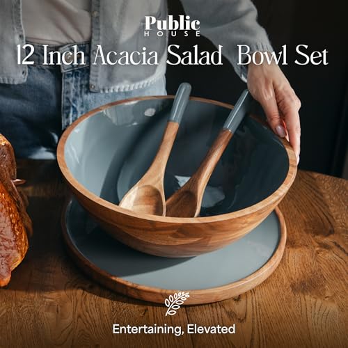 Large Wooden Salad Bowl Set 12.5 Inch with Serving Utensils (Seafoam / 12.5)