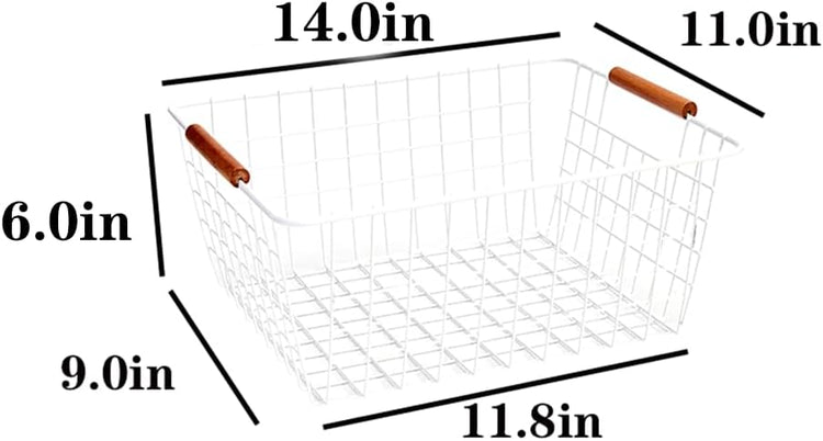 LeleCAT Large white wire baskets with Wooden Handles for storage pantry, Storage Organizer Baskets, Household Refrigerator for Cabinets, Closets, Bedrooms, kitchen - Set of 2(White)