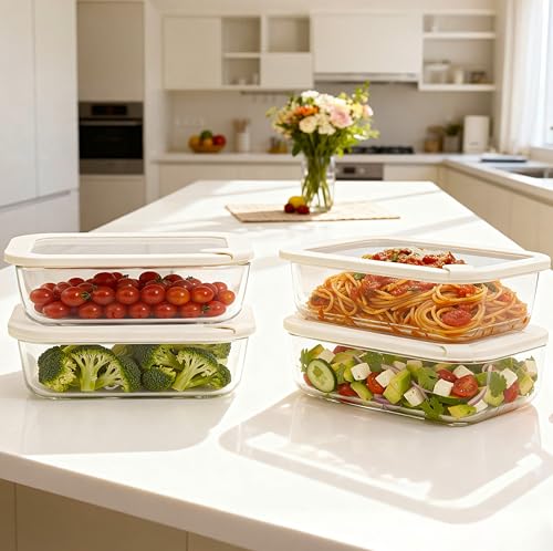 Glass Food Storage Containers with Glass Lids (Ivory White -4s)